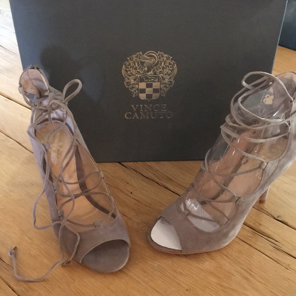Vince camuto stone taupe true suede heels